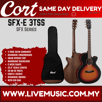 Cort SFX-E - Acoustic-Electric Guitar Ovangkol Fretboard with Gig Bag - 3 Tone Satin Sunburst (SFX E/SFXE)