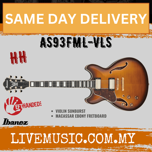Ibanez Artcore AS93FML-VLS Expressionist Left-Hand Acoustic-Electric Guitar, Violin Sunburst ( AS93FML VLS / AS93FMLVLS )