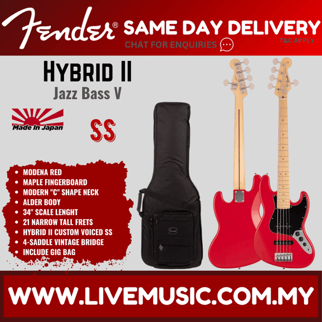 Fender Japan Hybrid II Jazz Bass V Guitar, Maple Fretboard with FREE Gig Bag - Modena Red