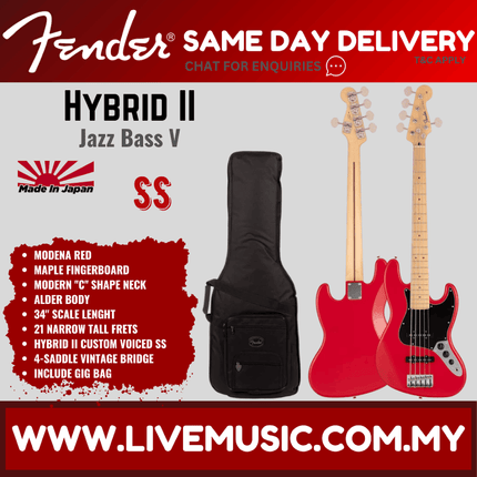 Fender Japan Hybrid II Jazz Bass V Guitar, Maple Fretboard with FREE Gig Bag - Modena Red