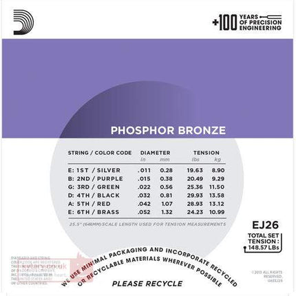 D'Addario EJ26 - Phosphor Bronze Acoustic Strings, Custom Light (11-52)(DAddario)