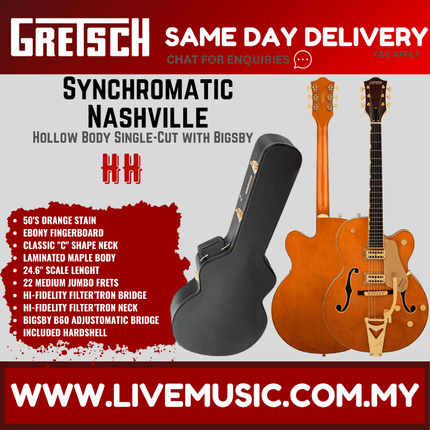 Gretsch Synchromatic Nashville Hollow Body Single-Cut w/Bigsby Electric Guitar, 50s Orange Stain