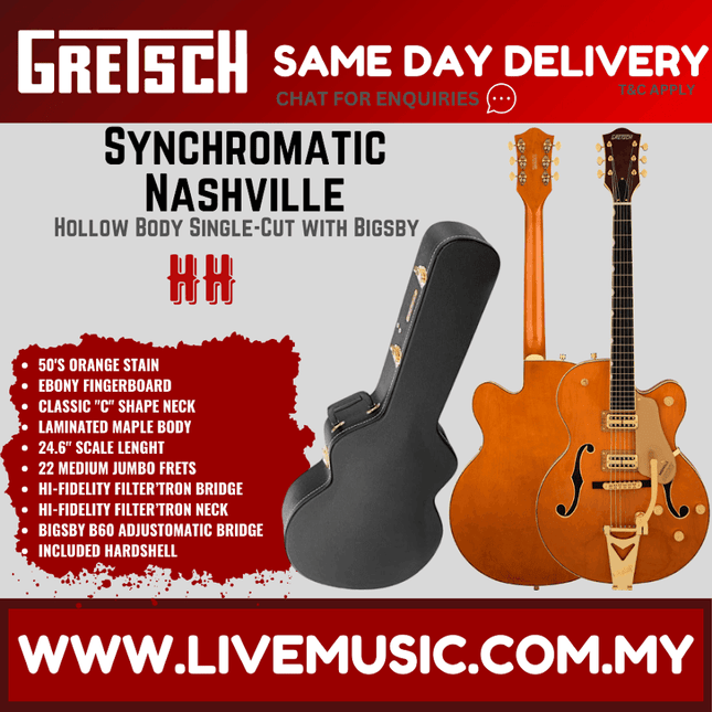 Gretsch Synchromatic Nashville Hollow Body Single-Cut w/Bigsby Electric Guitar, 50s Orange Stain