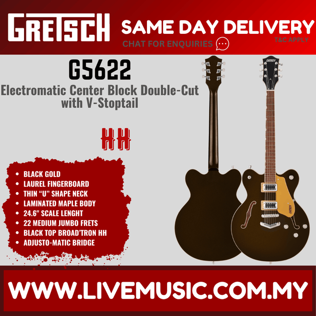 Gretsch G5622 Electromatic Center Block Double-Cut Electric Guitar, Laurel FB, Black Gold