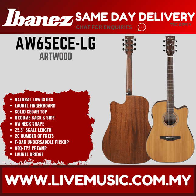 Ibanez AW65ECE-LG Artwood Acoustic-Electric Guitar - Natural Low Gloss ( AW65ECE LG / AW65ECELG )