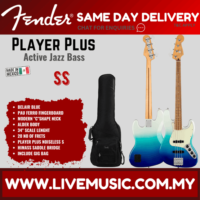 Fender Player Plus Jazz Bass Guitar, Pau Ferro Fretboard - Belair Blue
