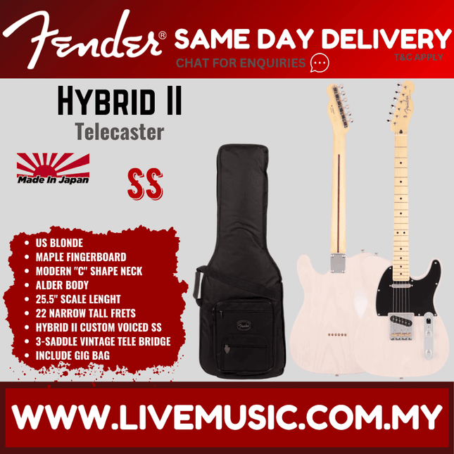 Fender Japan Hybrid II Telecaster Electric Guitar, Maple Fretboard with Gig Bag - US Blonde