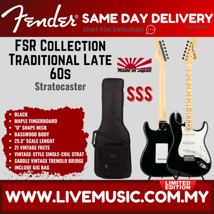 Fender FSR Collection Traditional Late 60s Stratocaster Guitar, Maple FB, Black