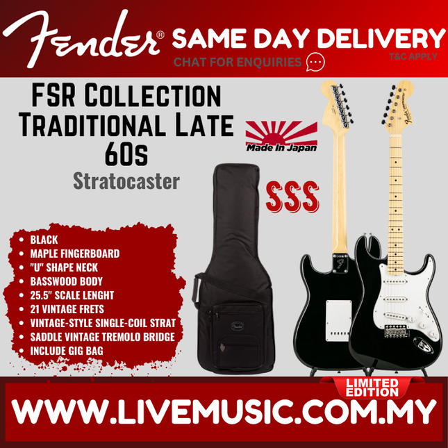 Fender FSR Collection Traditional Late 60s Stratocaster Guitar, Maple FB, Black