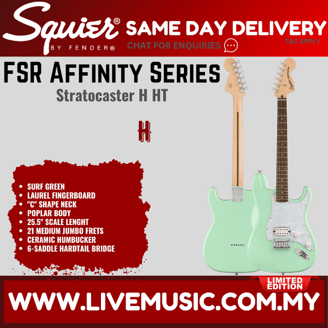 Squier FSR Affinity Series Stratocaster H HT Electric Guitar, Laurel FB, Surf Green