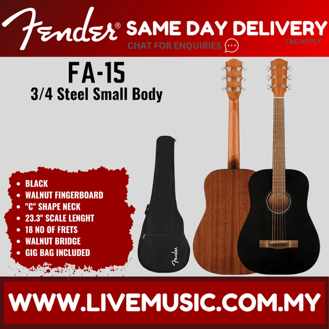3/4 steel string acoustic guitar with gig bag, black, small body FA-15