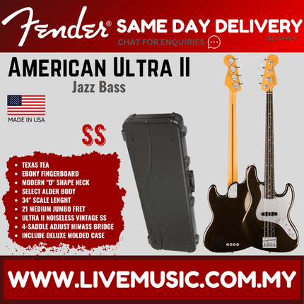 Fender American Ultra II Jazz Bass Guitar, Ebony FB, Texas Tea / Ultraburst / Noble Blue