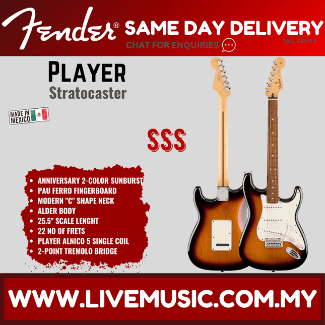 Fender Player Stratocaster Electric Guitar, Pau Ferro FB, Anniversary 2-Tone Sunburst