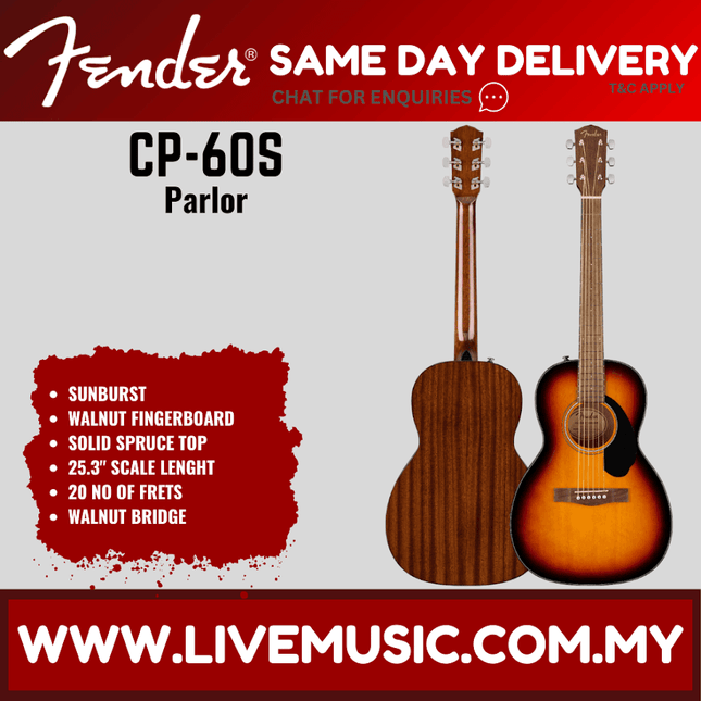 Parlor acoustic guitar in sunburst finish, wood top, Fender headstock.