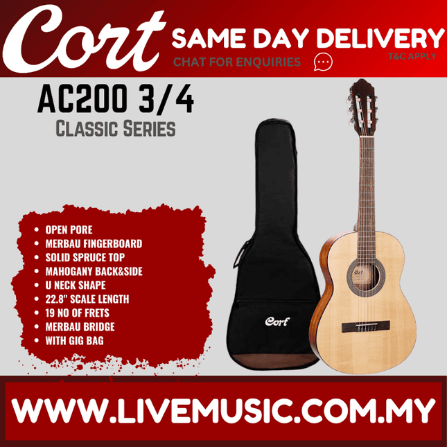 Cort AC-200 3/4 Classical Guitar w/Bag - Open Pure ( AC 200 / AC200 )