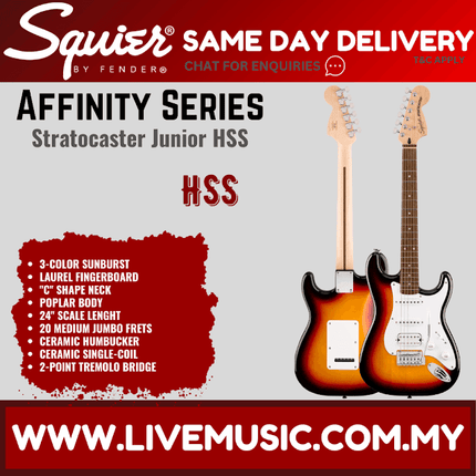 Squier Affinity Series Stratocaster Junior HSS Electric Guitar, Laurel FB, 3-Color Sunburst / Ice Blue Metallic