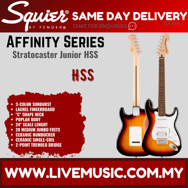 Squier Affinity Series Stratocaster Junior HSS Electric Guitar, Laurel FB, 3-Color Sunburst / Ice Blue Metallic