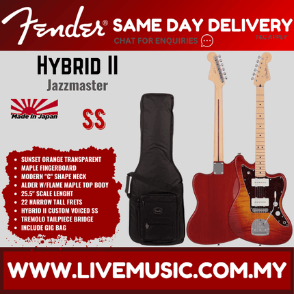 Fender Japan Hybrid II Jazzmaster Electric Guitar, Maple FB, Flame Sunset Orange Transparent