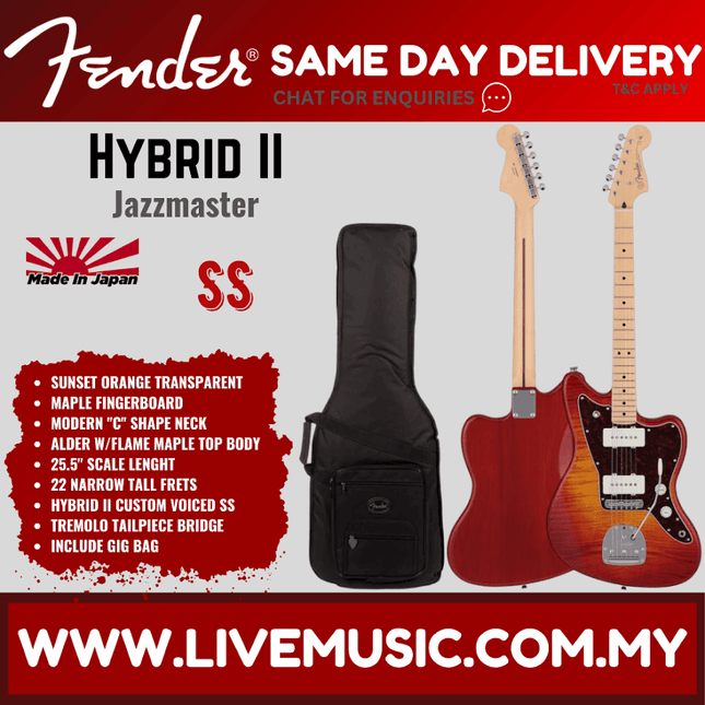 Fender Japan Hybrid II Jazzmaster Electric Guitar, Maple FB, Flame Sunset Orange Transparent