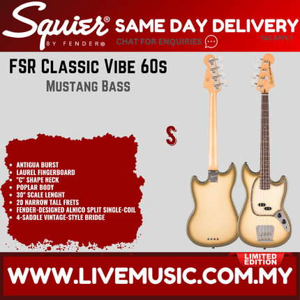 Squier FSR Classic Vibe 60s Mustang Bass Guitar, Laurel FB, Antigua Burst