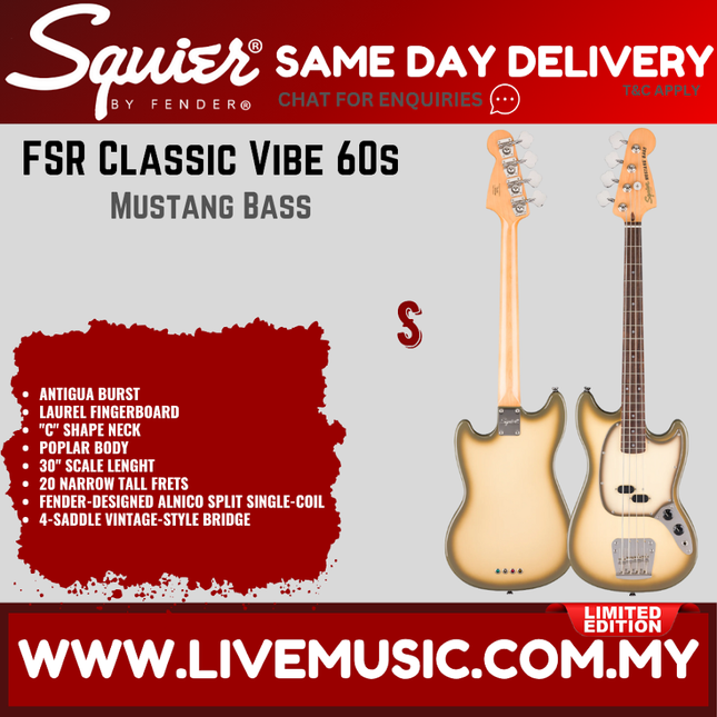 Squier FSR Classic Vibe 60s Mustang Bass Guitar, Laurel FB, Antigua Burst