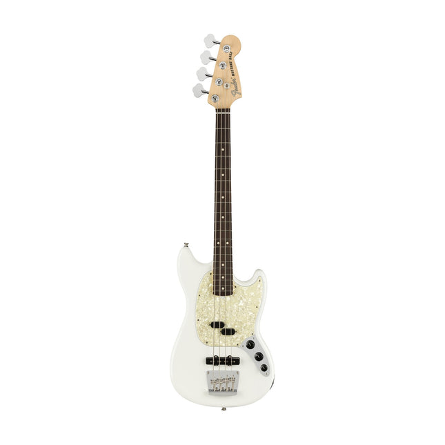 Arctic White Mustang bass guitar with rosewood fretboard and speckled pickguard