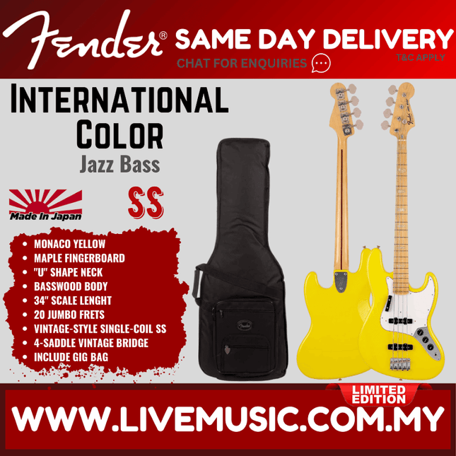 Fender Japan Limited International Color Jazz Bass Electric Guitar, Maple FB, Monaco Yellow