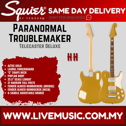 Squier Limited Edition Paranormal Troublemaker Telecaster Deluxe Guitar, Laurel FB, Aztec Gold