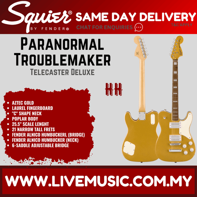 Squier Limited Edition Paranormal Troublemaker Telecaster Deluxe Guitar, Laurel FB, Aztec Gold
