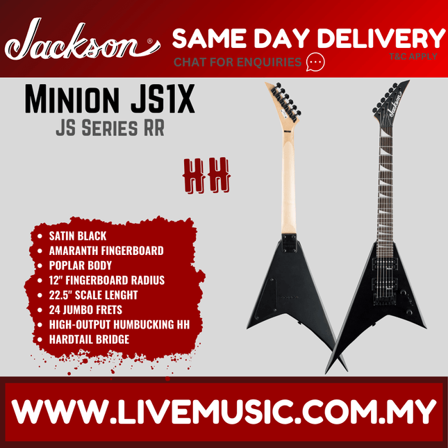 Jackson minion RR electric guitar in satin black, angular double-cutaway body