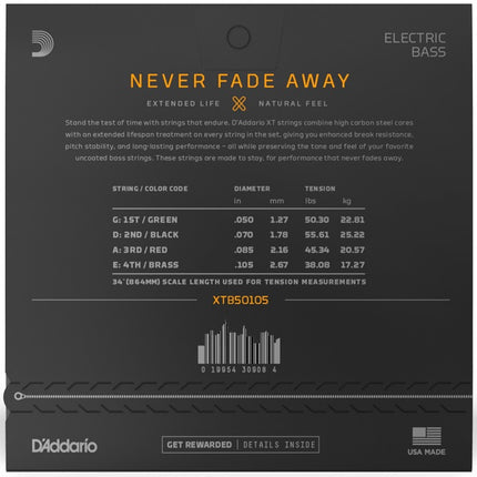 D'Addario XTB50105 XT Nickel Plated Steel Electric Bass Set (Daddario)