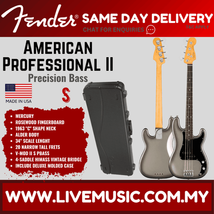 Fender American Professional II Precision Bass Electric Guitar, Rosewood Fretboard - Mercury