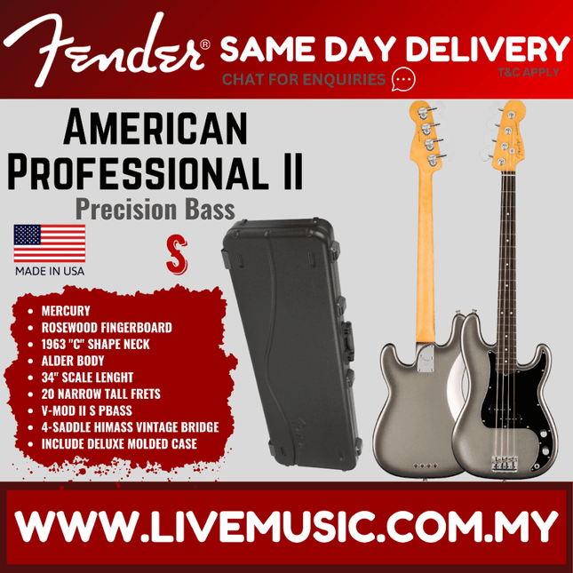 Mercury Precision Bass electric guitar with rosewood-style fretboard and black molded case
