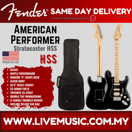 Fender American Performer HSS Stratocaster Electric Guitar, Maple Fretboard with FREE Deluxe Gig Bag - Black