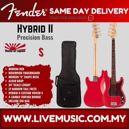 Fender Japan Hybrid II Precision Bass Guitar, Rosewood Fretboard with Gig Bag - Modena Red