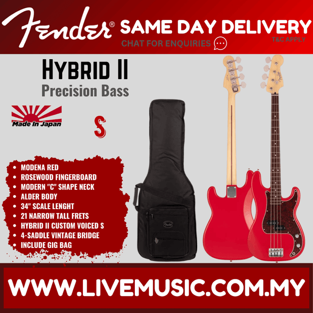 Fender Japan Hybrid II Precision Bass Guitar, Rosewood Fretboard with Gig Bag - Modena Red