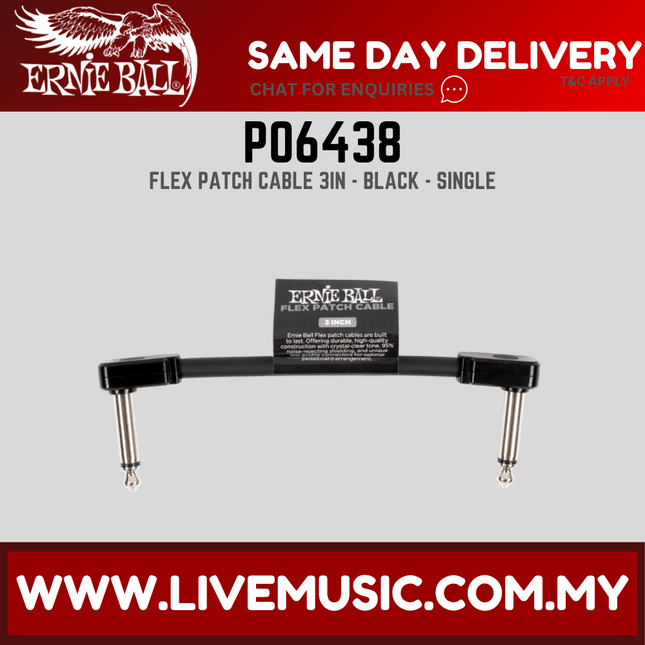 Ernie Ball P06438 FLEX Instrument Patch Cable 3 Inch Single, Black