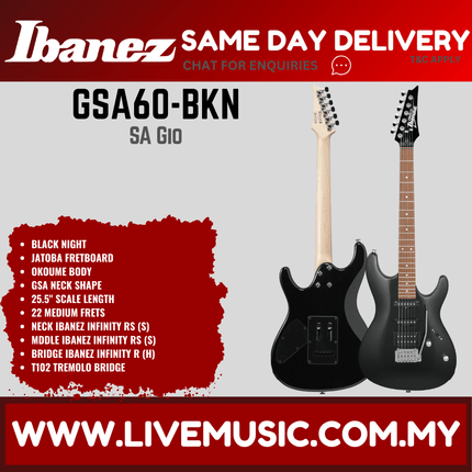 Ibanez GSA60 GIO Series Solidbody Electric Guitar - (GSA60-BKN GSA60-WNF GSA60-BS)-Black Night