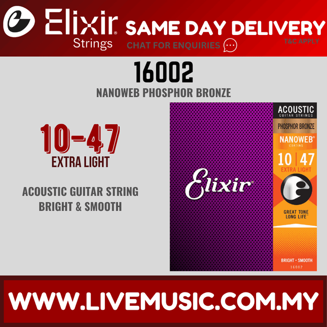 Elixir 16002 Nanoweb Phosphor Bronze Acoustic Guitar String (10-47)