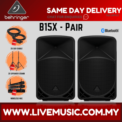Behringer B15X 1000W 15" Powered Speaker w/UG-88HH Wireless Mic, Speaker Stand and Cable - Pair ( B-15X / B 15X )
