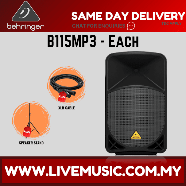 Behringer Eurolive B115MP3 1000W 15" Powered Speaker w/Shure SV100 Vocal Microphone, Stand, Cable - Each ( B-115MP3 / B 115MP3 )
