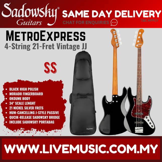 Sadowsky MetroExpress 21-Fret Vintage JJ 4-String Bass Guitar, Morado FB, Black High Polish
