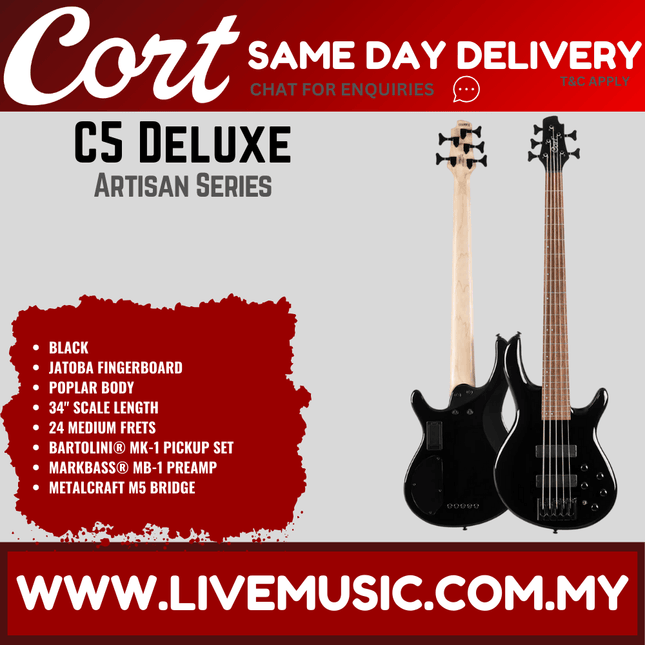 Cort C5 Deluxe Electric Bass Guitar-Black (C5DLXBK/C5-DLX-BK)