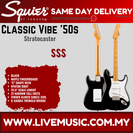 Squier Classic Vibe 50s Stratocaster Electric Guitar, Maple Fingerboard - Black