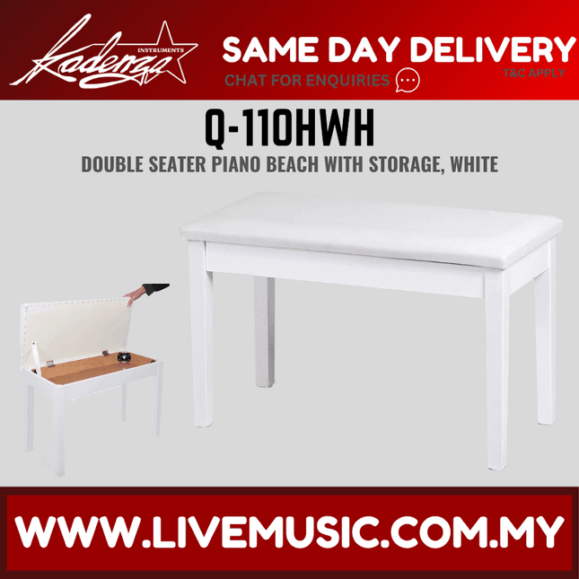 Kadenza Q-110H Piano Bench Leather Padded Double Seater With Storage Box - White (Q110H)