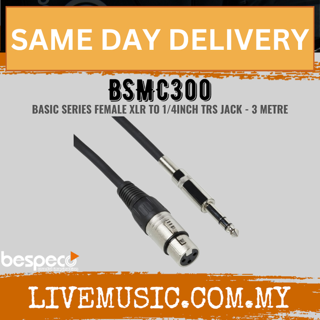 Bespeco BSMC300 3 Metres (XLR Female – Straight 1/4″ Stereo Jack) Microphone Cable