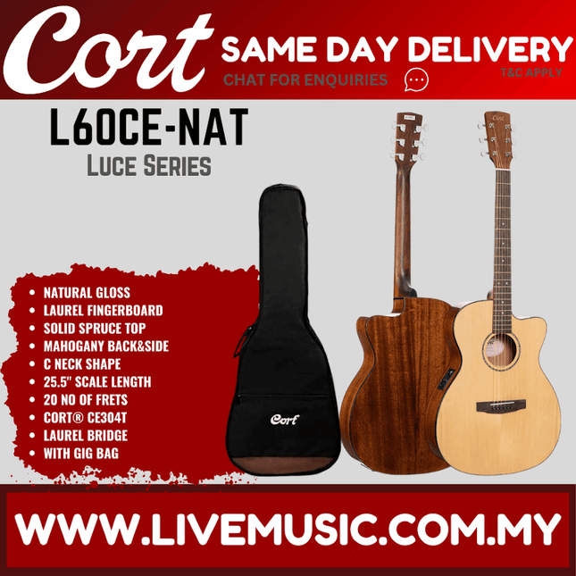 Cort L60CE Acoustic Guitar w/ Gig Bag, laurel Fingerboard - Natural