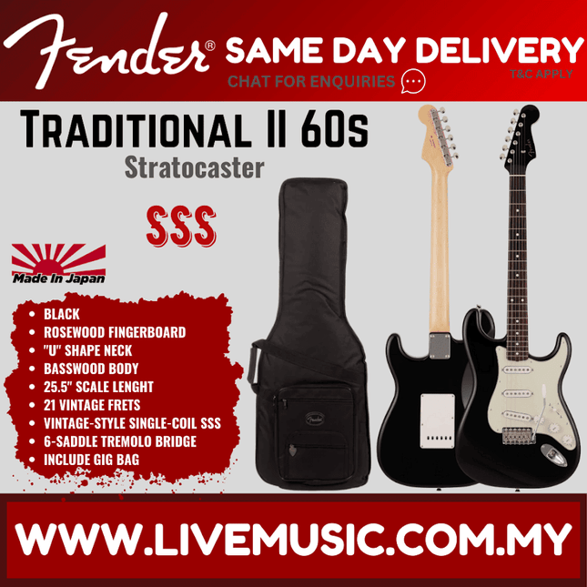 Fender Japan Traditional II 60s Stratocaster Electric Guitar, RW FB, Black Matching Headstock