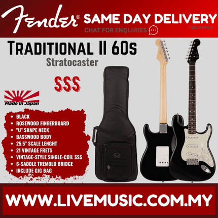 Fender Japan Traditional II 60s Stratocaster Electric Guitar, RW FB, Black Matching Headstock