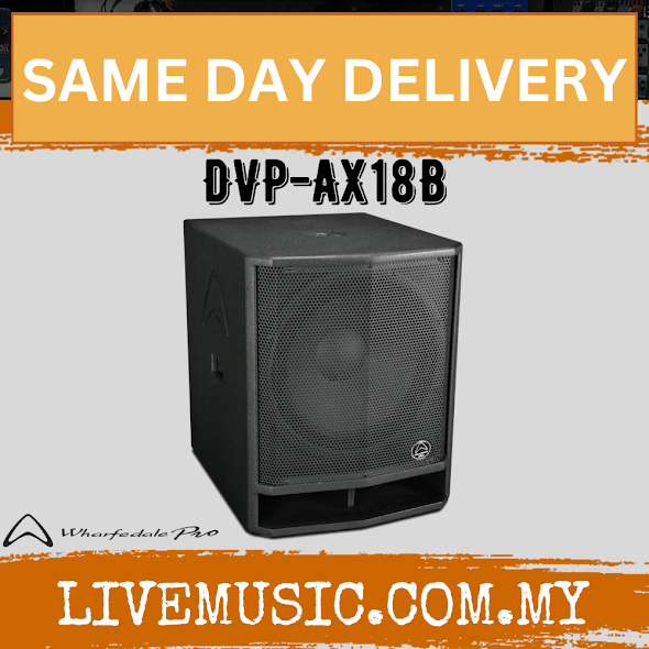 18-inch active subwoofer speaker cabinet with front grille, dark black